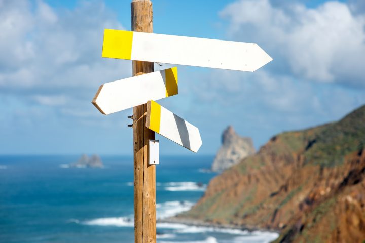 Wooden road sign with empty boards