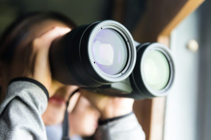 Young Woman use of the binoculars for birdwatching