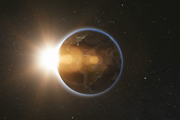 Space view on Planet Earth and Sun in Universe