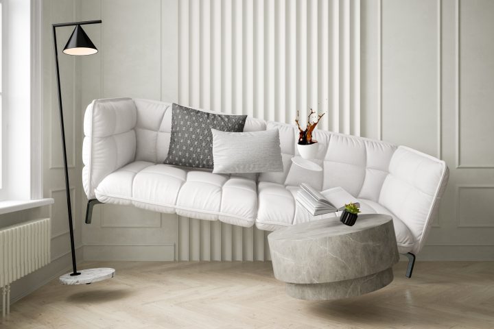 Zero gravity white interior living room